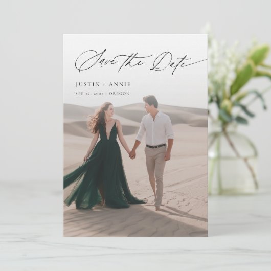 Moderne Kalligrafie Script 2 Foto Save the Date Einladung (Stehend Vorderseite)