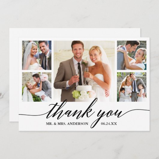 Moderne Kalligrafie Script 5 Foto Hochzeit Dankeskarte (Vorne/Hinten)