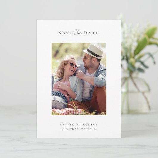 Moderne Kalligrafie-Script-Foto-Hochzeit Save The Date (Stehend Vorderseite)