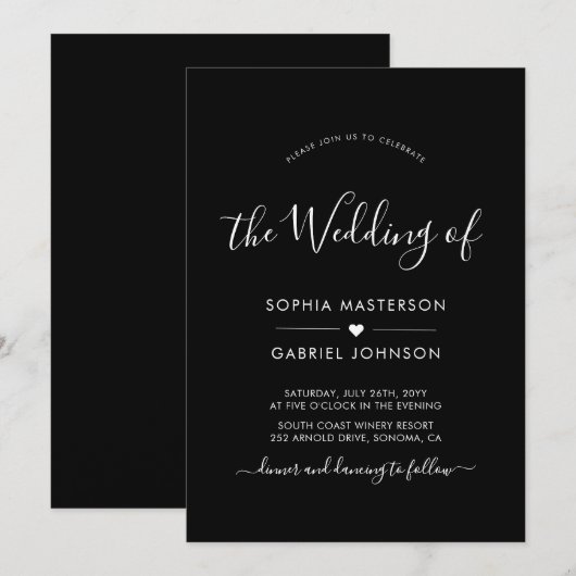 Moderne Kalligrafie Script Heart Black Wedding Einladung (Vorne/Hinten)