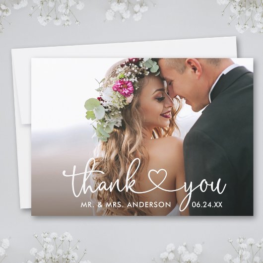 Moderne Kalligrafie Script Heart Foto Wedding Dankeskarte