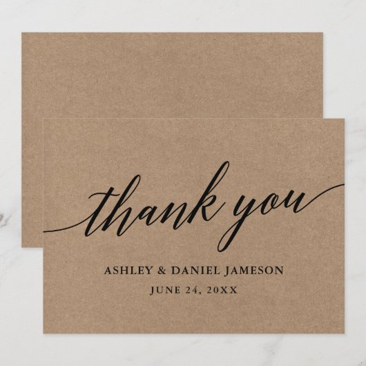 Moderne Kalligrafie Script Kraft Wedding Dankeskarte (Vorne/Hinten)