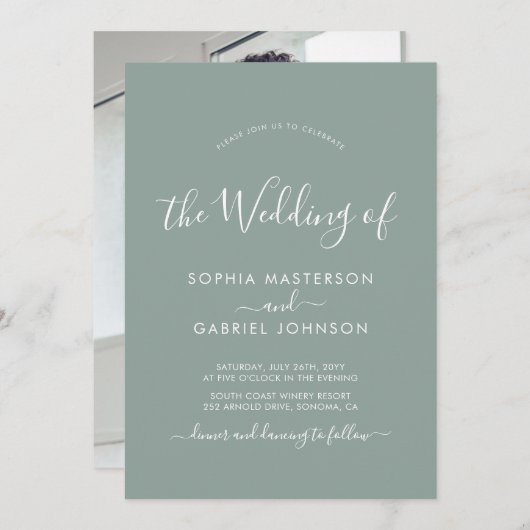 Moderne Kalligrafie Script Sage Green Foto Hochzei Einladung (Vorne/Hinten)