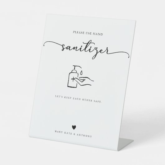 Moderne Kalligrafie Script Wedding Hand Sanitizer Sockelschild (Vorderseite)