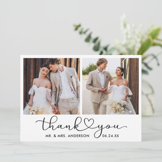 Moderne Kalligrafie - Skript 2 Fotos Hochzeit Dankeskarte (Stehend Vorderseite)