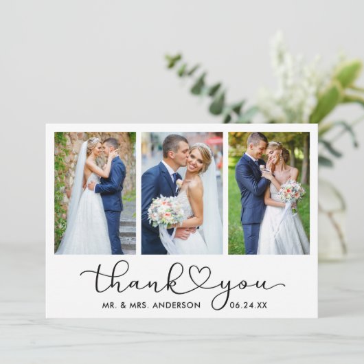 Moderne Kalligrafie - Skript 3 Foto Hochzeit Dankeskarte (Stehend Vorderseite)
