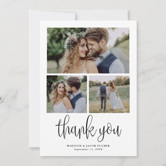 Moderne Kalligrafie-Skript Hochzeit drei Foto Dankeskarte (Vorderseite)