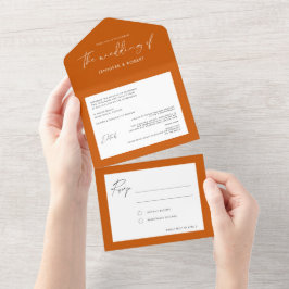 Moderne Kalligrafie Solid Burnt Orange Wedding All In One Einladung