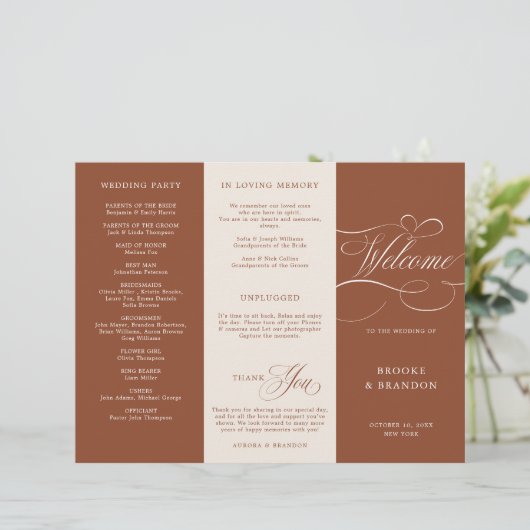 Moderne Kalligrafie Terracotta Boho Hochzeitsprogr (Stehend Vorderseite)