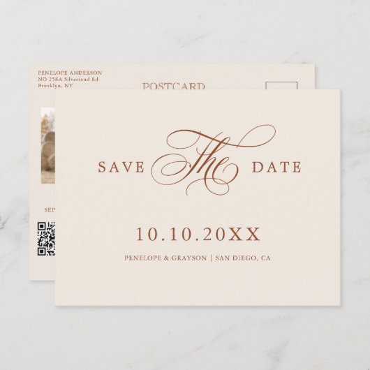 Moderne Kalligrafie Terracotta Boho Save the Date Postkarte (Vorne/Hinten)