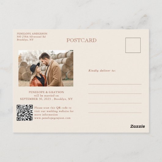 Moderne Kalligrafie Terracotta Boho Save the Date Postkarte (Rückseite)