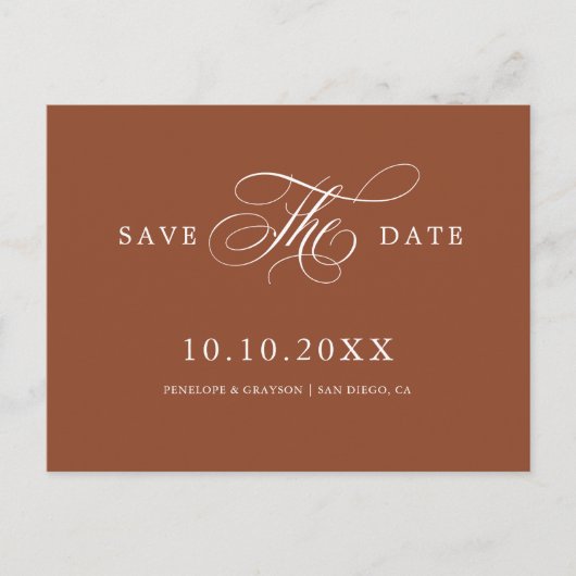 Moderne Kalligrafie Terracotta Boho Save the Date Postkarte (Vorderseite)