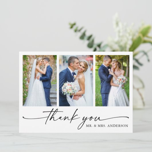 Moderne Kalligrafie-Tinte Pen Script 3 Foto Hochze Dankeskarte (Stehend Vorderseite)