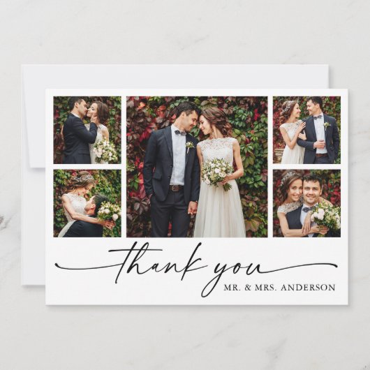 Moderne Kalligrafie-Tinte Pen Script 5 Foto Hochze Dankeskarte (Vorderseite)