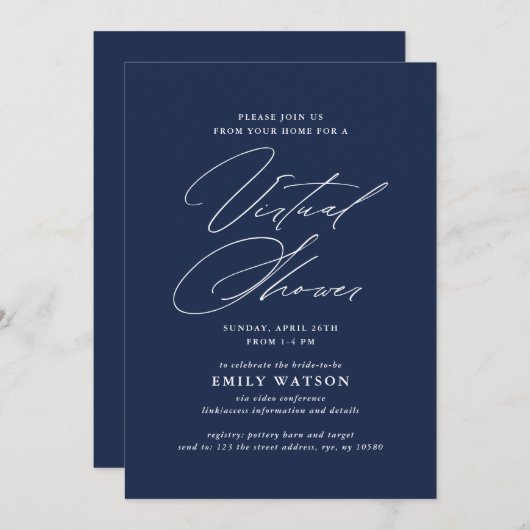 Moderne Kalligrafie Virtual Brautparty Navy Einladung (Vorne/Hinten)