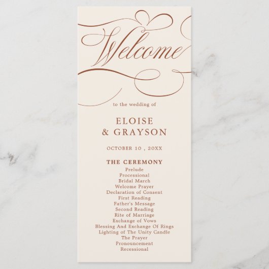 Moderne Kalligrafie Zeitlose Terrakotta-Hochzeit Programm (Vorderseite)