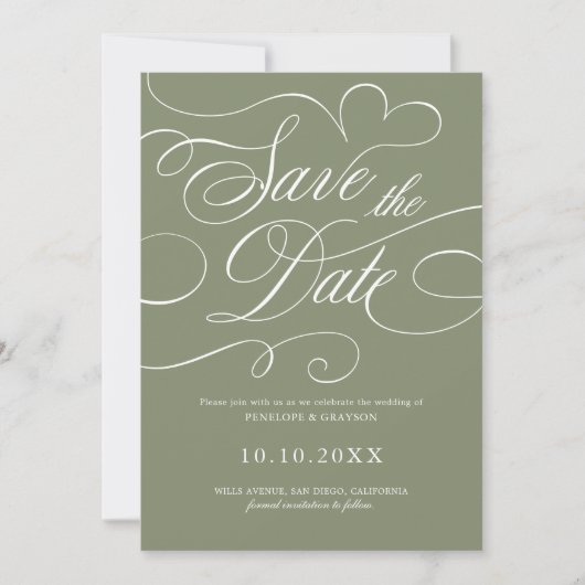 Moderne Kalligrafie zeitloser Salbei-QR-Code-Hochz Save The Date (Vorderseite)
