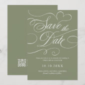Moderne Kalligrafie zeitloser Salbei-QR-Code-Hochz Save The Date (Vorne/Hinten)