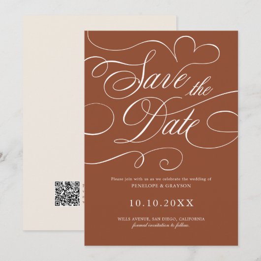 Moderne Kalligrafie Zeitloser Terrakotta QR-Code Save The Date (Vorne/Hinten)
