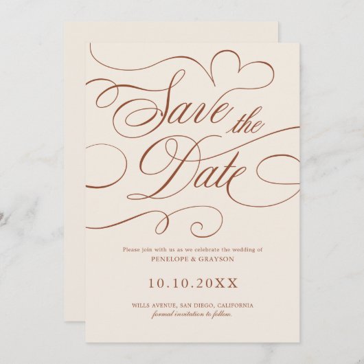 Moderne Kalligrafie Zeitloser Terrakotta QR-Code Save The Date (Vorne/Hinten)