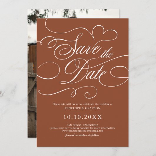 Moderne Kalligrafie Zeitloses Terrakotta-Foto Save The Date (Vorne/Hinten)