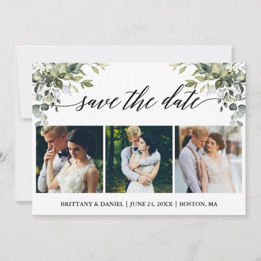 Moderne Kalligraphie 3 Foto Aquarellgrüne Save The Date (Vorderseite)