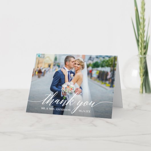 Moderne Kalligraphie 4 Foto Hochzeit geklappt Dankeskarte (Vorderseite)
