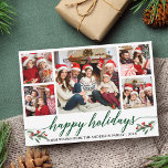 Moderne Kalligraphie 5 Fotocollage-Familie Feiertagskarte<br><div class="desc">Modernes Kalligraphie Script 5 Foto Familienfoto Collage Happy Holidays Card beinhaltet Weihnachtsgeburten Weihnachten Holzerries</div>