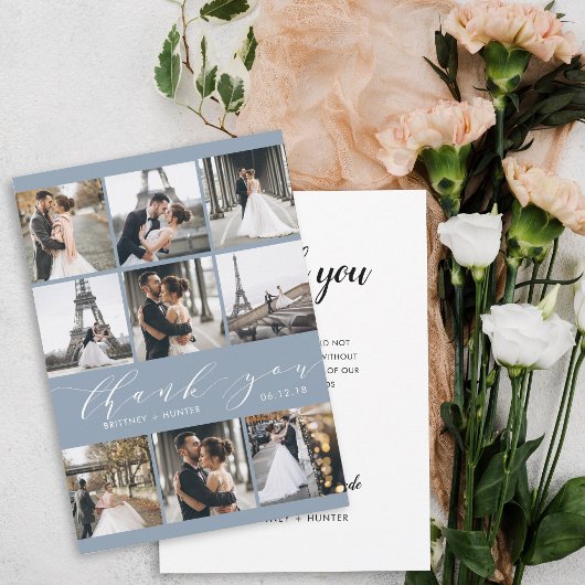 Moderne Kalligraphie 9 Foto Collage Dusty Blue Dankeskarte