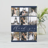 Moderne Kalligraphie 9 Foto Collage Navy Blue Dankeskarte (Stehend Vorderseite)