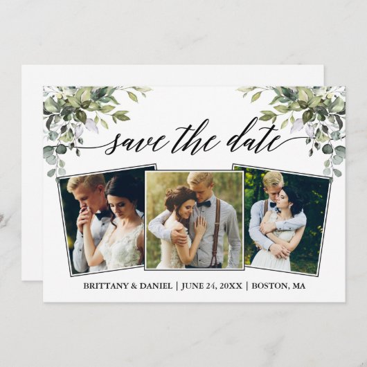 Moderne Kalligraphie Aquarellgrüne 3 Foto Save The Date (Vorne/Hinten)