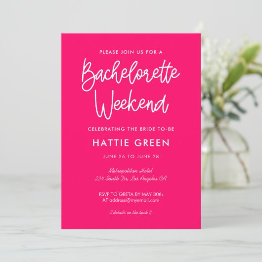 Moderne Kalligraphie Bachelorette Weekend Einladung (Stehend Vorderseite)