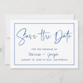 Moderne Kalligraphie Blau Non-Foto Save The Date (Vorderseite)