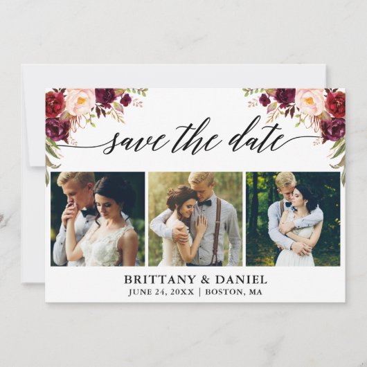 Moderne Kalligraphie Burgundy Floral 3 Foto Save The Date (Vorderseite)