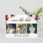 Moderne Kalligraphie Burgundy Floral 3 Foto Save The Date (Stehend Vorderseite)