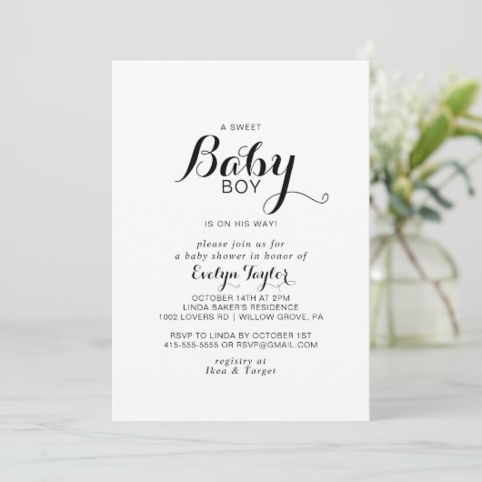 Moderne Kalligraphie Formal Baby Boy Dusche Einladung (Stehend Vorderseite)