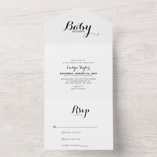 Moderne Kalligraphie Formal Baby Dusche All In One Einladung (Innen Boden)