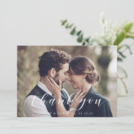 Moderne Kalligraphie-Foto-Hochzeit Dankeskarte (Stehend Vorderseite)