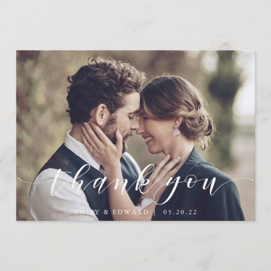 Moderne Kalligraphie-Foto-Hochzeit Dankeskarte (Vorderseite)