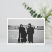 Moderne Kalligraphie-Foto-Hochzeit Dankeskarte (Stehend Vorderseite)