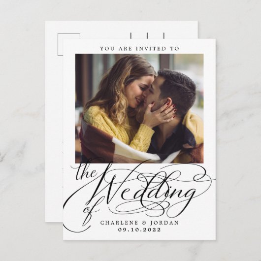 Moderne Kalligraphie-Foto-Hochzeit Einladungspostkarte (Vorne/Hinten)