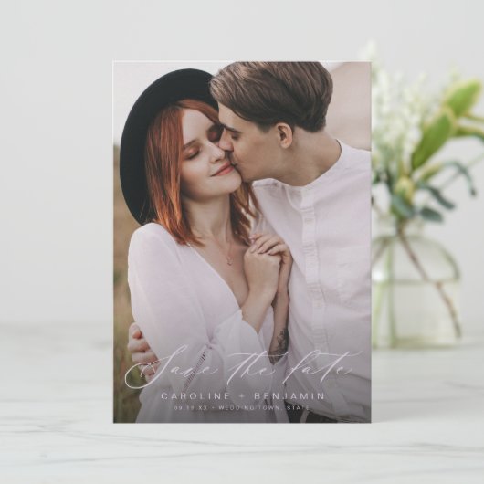 Moderne Kalligraphie Foto Hochzeit speichern das D Save The Date (Stehend Vorderseite)