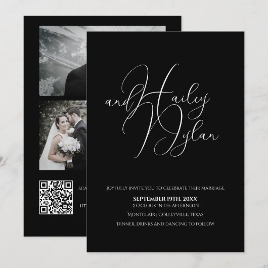 Moderne Kalligraphie FotoCollage QR Code Schwarz Einladung (Vorne/Hinten)