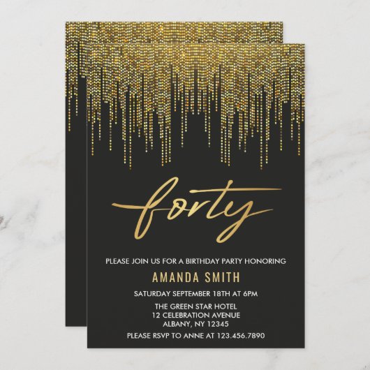 Moderne Kalligraphie Gold und Schwarz 40. Geburtst Einladung (Vorne/Hinten)