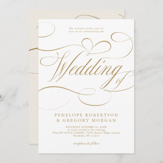 Moderne Kalligraphie Gold weißen QR-Code Hochzeit Einladung (Vorne/Hinten)