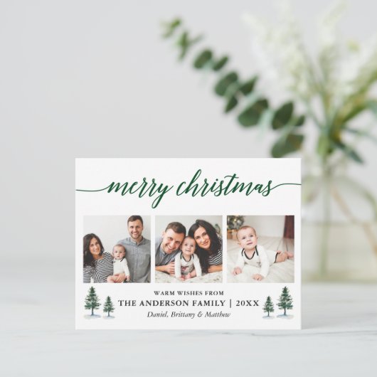 Moderne Kalligraphie Grüne Kiefern Weihnachten 3 F Postkarte (Stehend Vorderseite)
