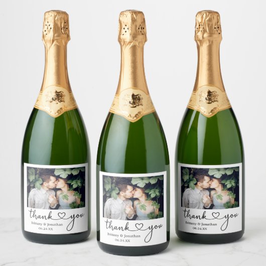 Moderne Kalligraphie Herzenshochzeit Foto Schaumweinetikett (Flaschen)