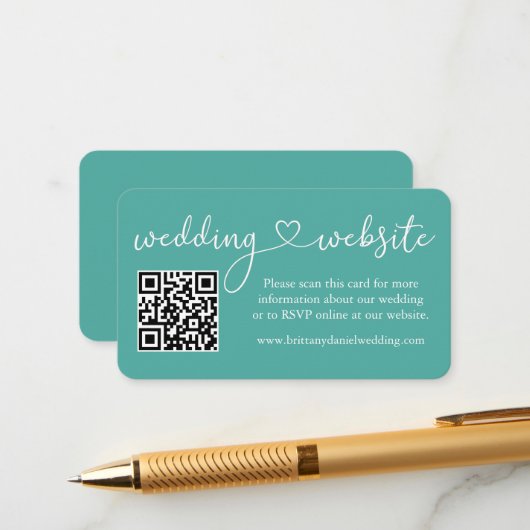 Moderne Kalligraphie HerzensWedding Website QR Aqu Begleitkarte (Vorderseite/Rückseite Beispiel)