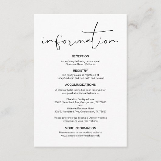 Moderne Kalligraphie, Hochzeitdetails, Information Begleitkarte (Vorderseite)