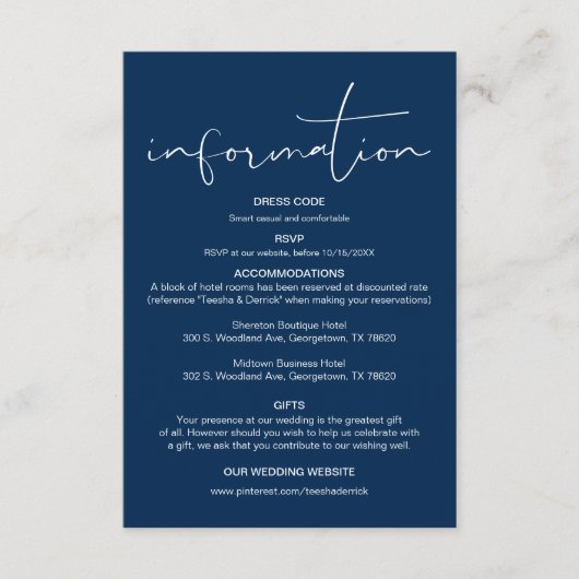 Moderne Kalligraphie, Hochzeitdetails, Information Begleitkarte (Vorderseite)